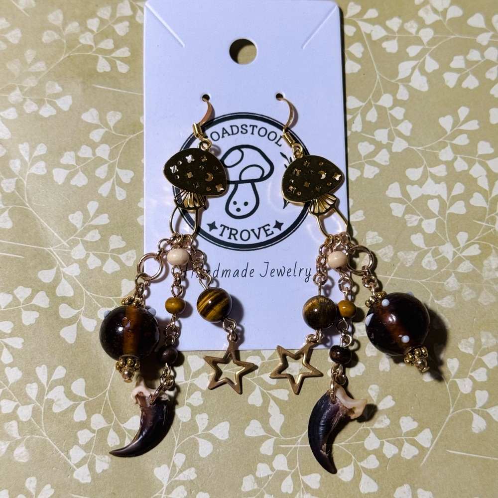 Mushroom and Coyote Claws Gold Dangle Earrings with Tiger's Eye Semi-Precious